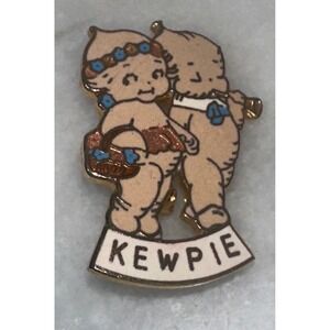 Vintage Kewpie Doll Enamel Pin Gold Tone Two Characters Taiwan Retro Brooch